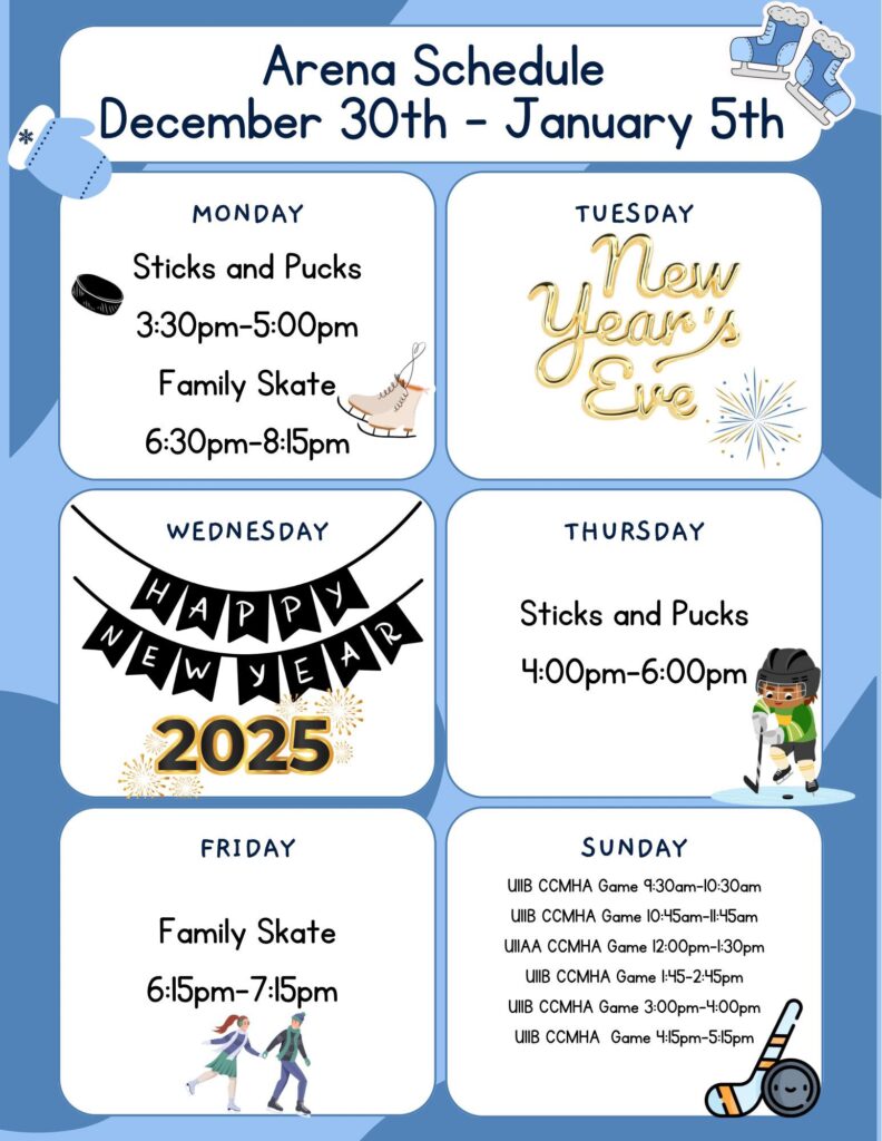 Schedule for the Oxford Arena, the week of December 30th to January 5th.