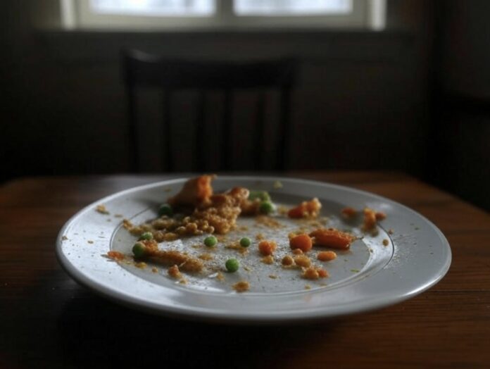 A plate of food, partially eaten