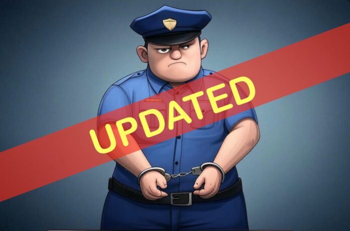 Cartoon image of a police officer in handcuffs. UPDATED