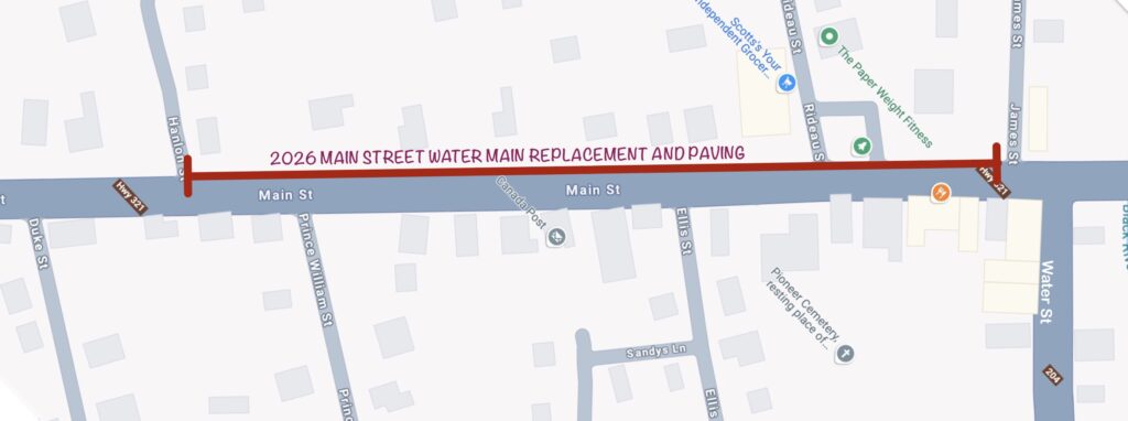 Diagram of the planned water main replacement and road paving on Main Street, Oxford.