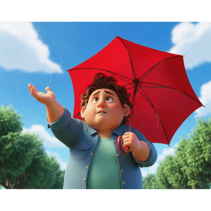 Cartoon image of a man holding an umbrella under sunny skies
