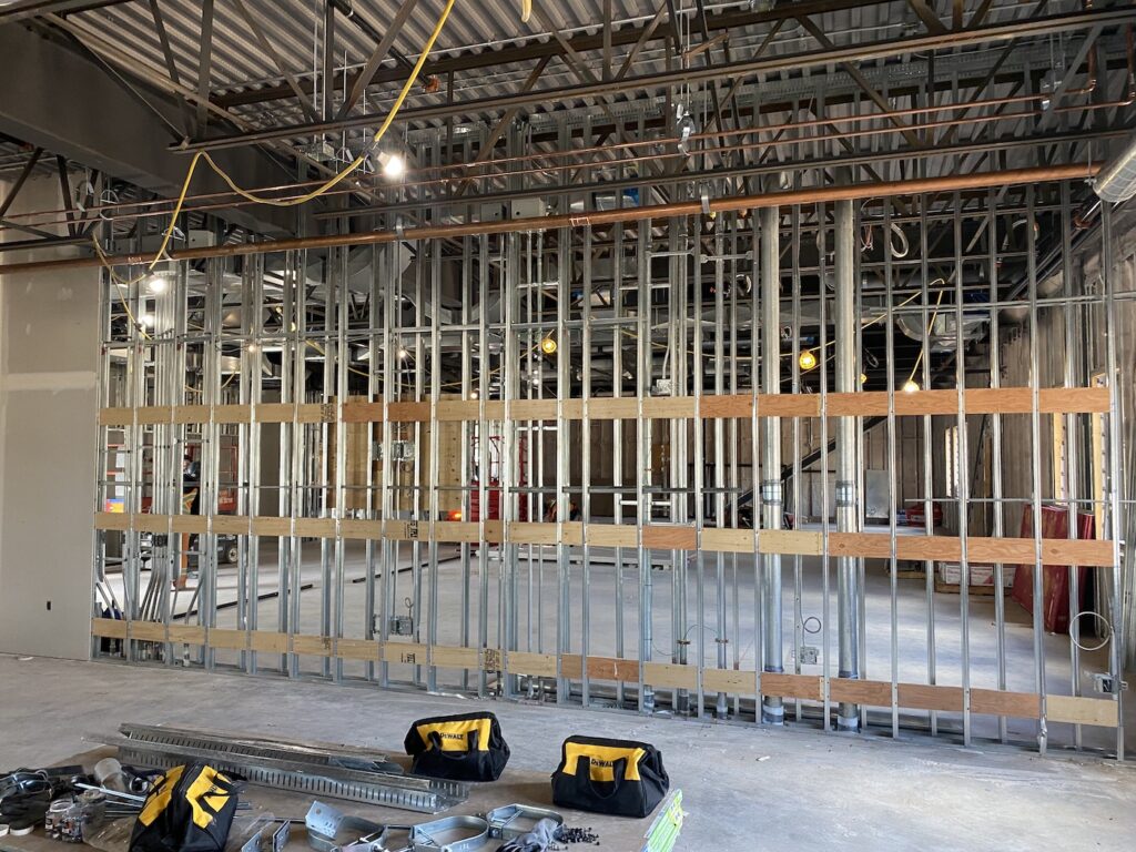 The inner structure of the facility, looking through the library wall into what will be the multipurpose room.